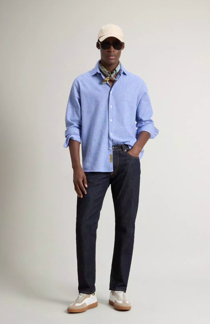Linen Cotton Blend Shirt - Pied De Poule Blue